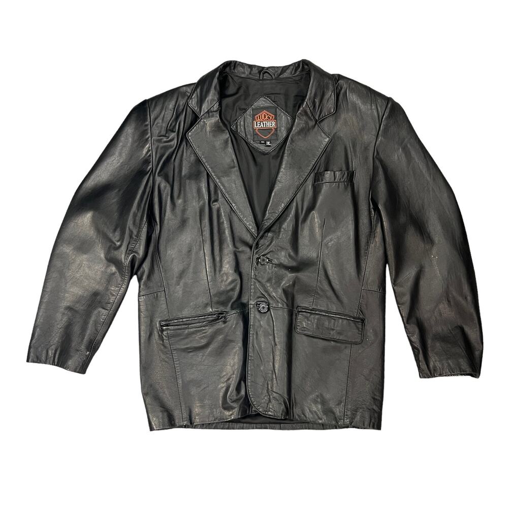 Vintage Lucky Leather Jacket Men XL Extra Large Black Heavy 2-Button Notch *READ